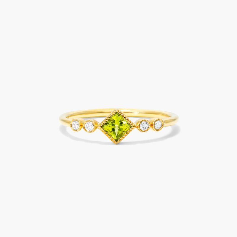 14K Yellow Gold Dainty Peridot Bezel Diamond Ring by Brevani