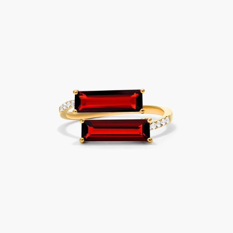 14K Yellow Gold Bypass Duo Garnet and Diamond Ring by Brevani