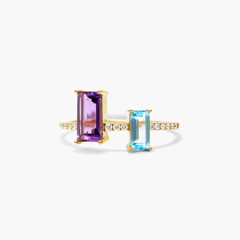 14K Yellow Gold Amethyst and Blue Topaz Duo Ring by Brevani