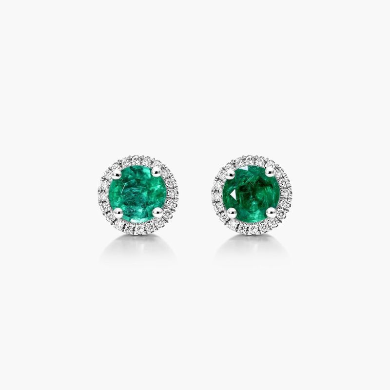 18K White Gold Round Halo Emerald and Diamond Earrings