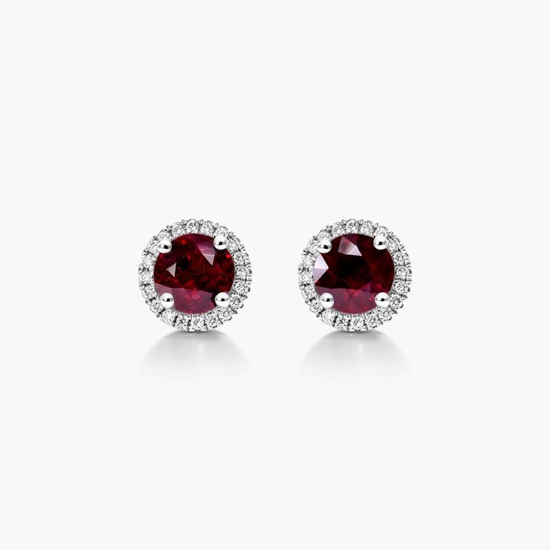 18K White Gold Round Halo Ruby and Diamond Earrings
