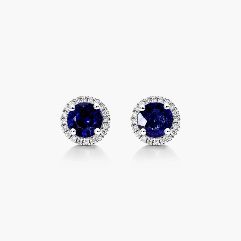 18K White Gold Round Halo Sapphire and Diamond Earrings
