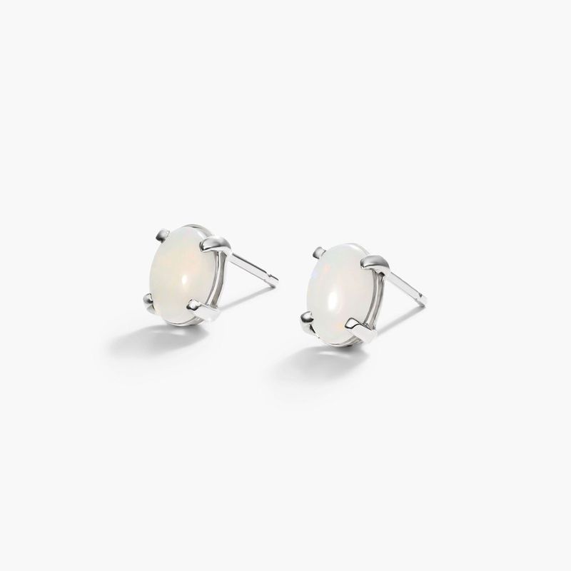 14K White Gold Oval Opal Birthstone Earrings