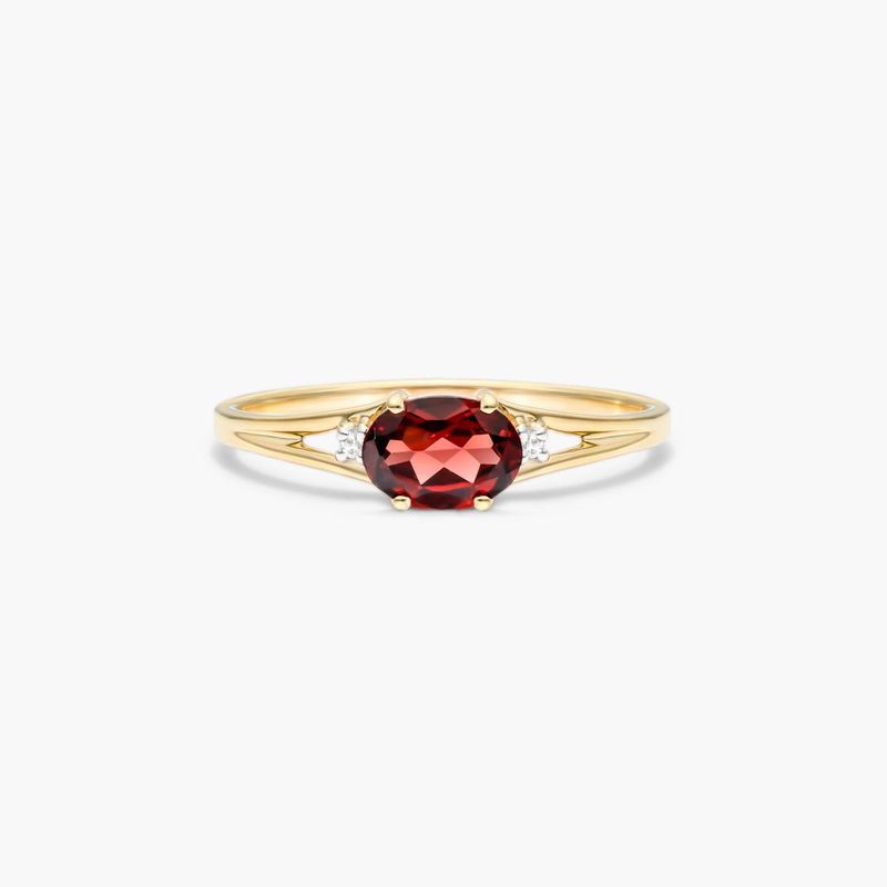 14K Yellow Gold Oval Garnet and Diamond Accent Birthstone Ring