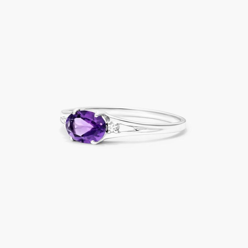 14K White Gold Oval Amethyst and Diamond Accent Birthstone Ring