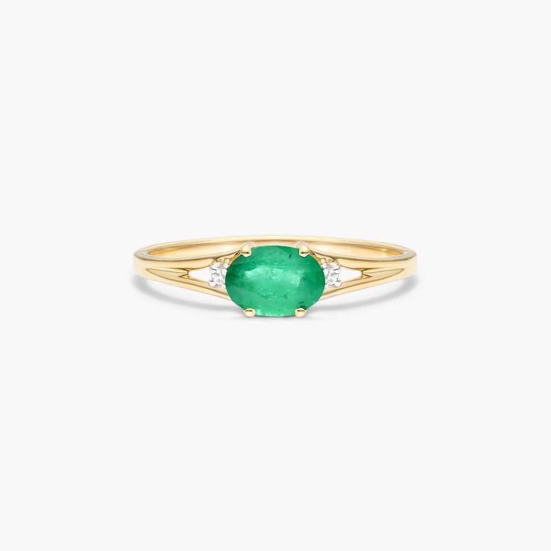 14K Yellow Gold Oval Emerald and Diamond Accent Birthstone Ring