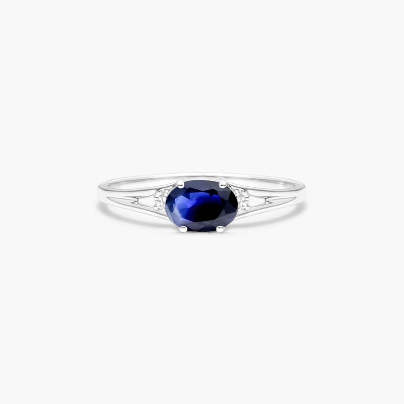 14K White Gold Oval Sapphire and Diamond Accent Birthstone Ring