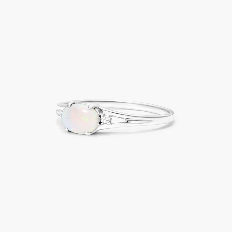 14K White Gold Oval Opal and Diamond Accent Birthstone Ring