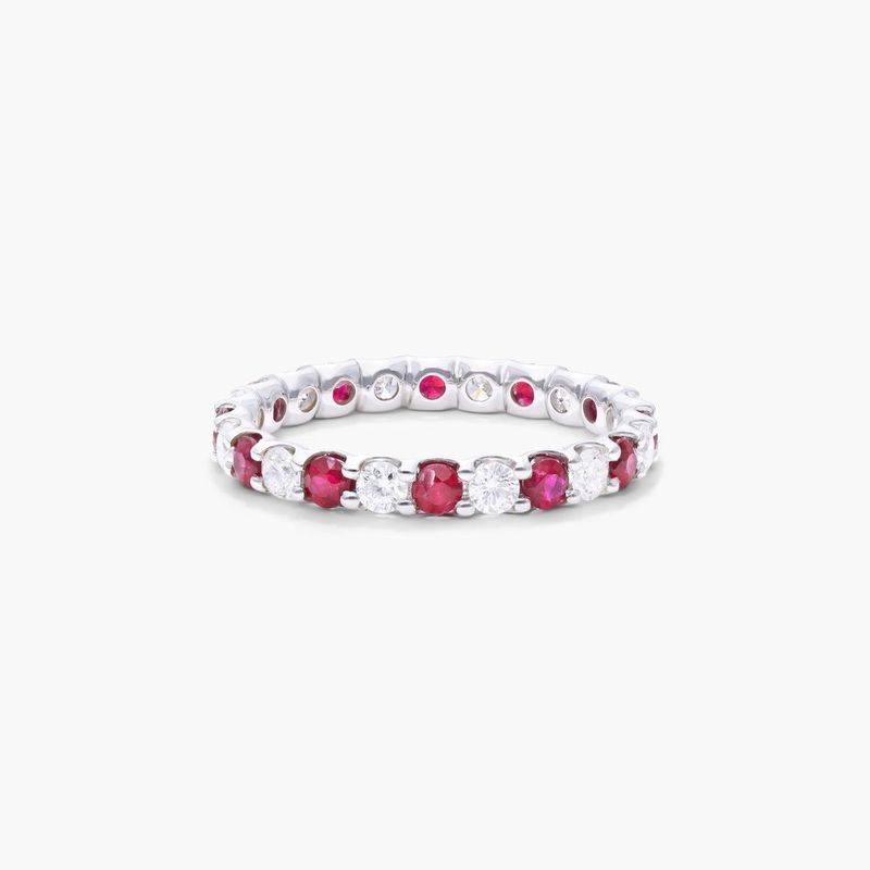14K White Gold Shared Prong Contour Ruby and Diamond Eternity Ring