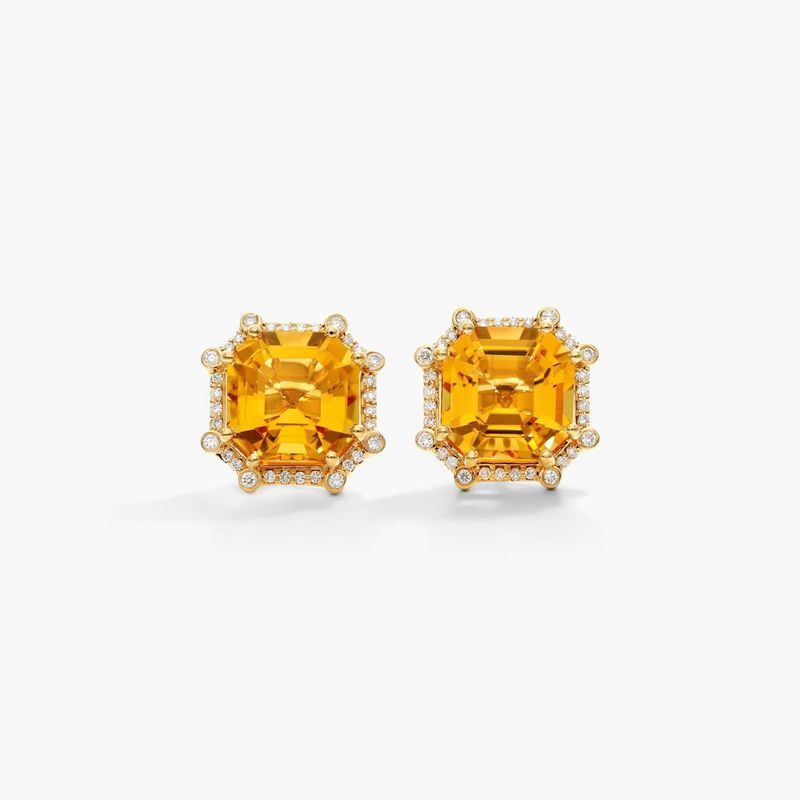 18K Yellow Gold Octagon Citrine and Diamond Frame Earrings