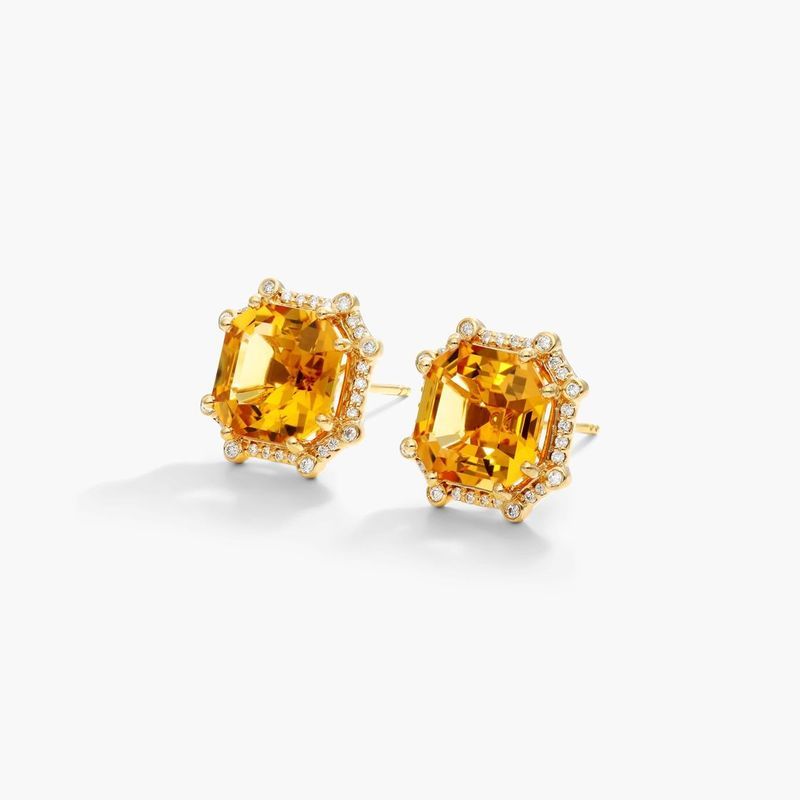 18K Yellow Gold Octagon Citrine and Diamond Frame Earrings