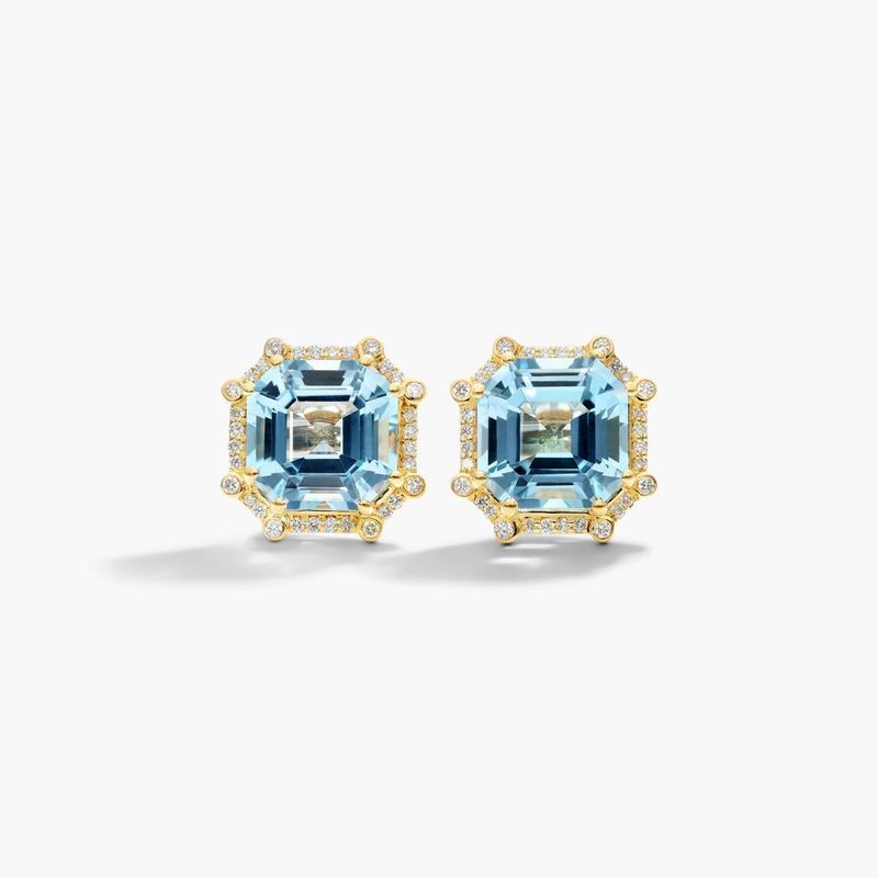 18K Yellow Gold Octagon Sky Blue Topaz and Diamond Frame Earrings