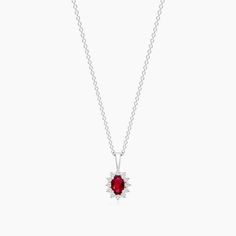 18K White Gold Oval Halo Ruby And Diamond Necklace