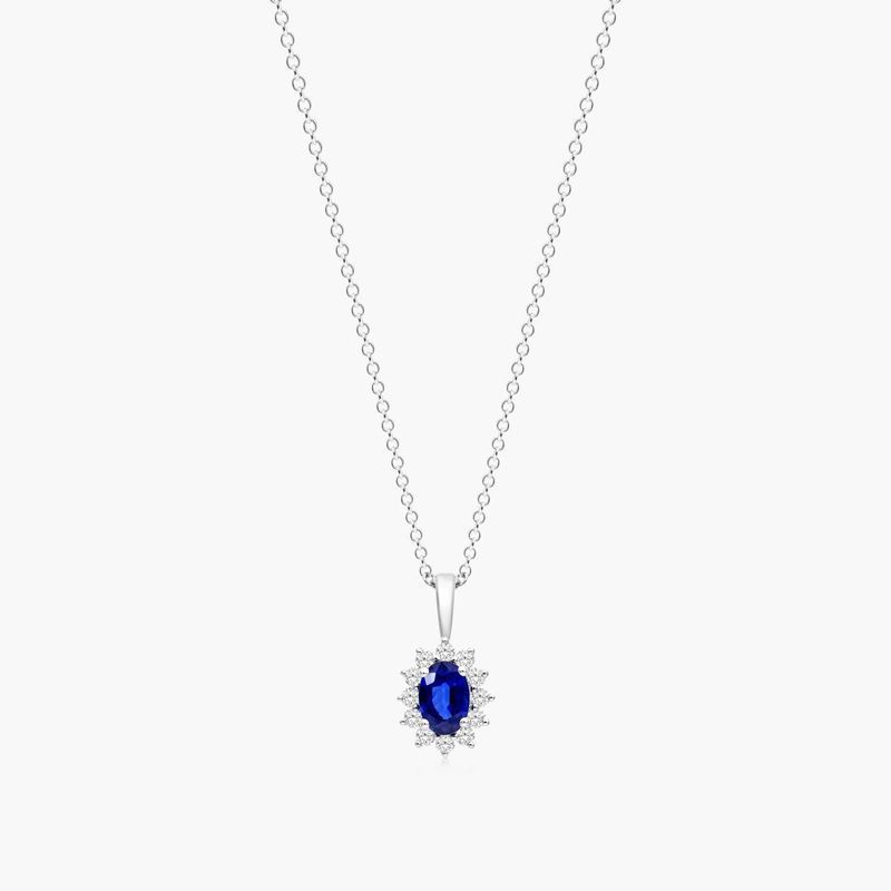 18K White Gold Oval Halo Sapphire And Diamond Necklace
