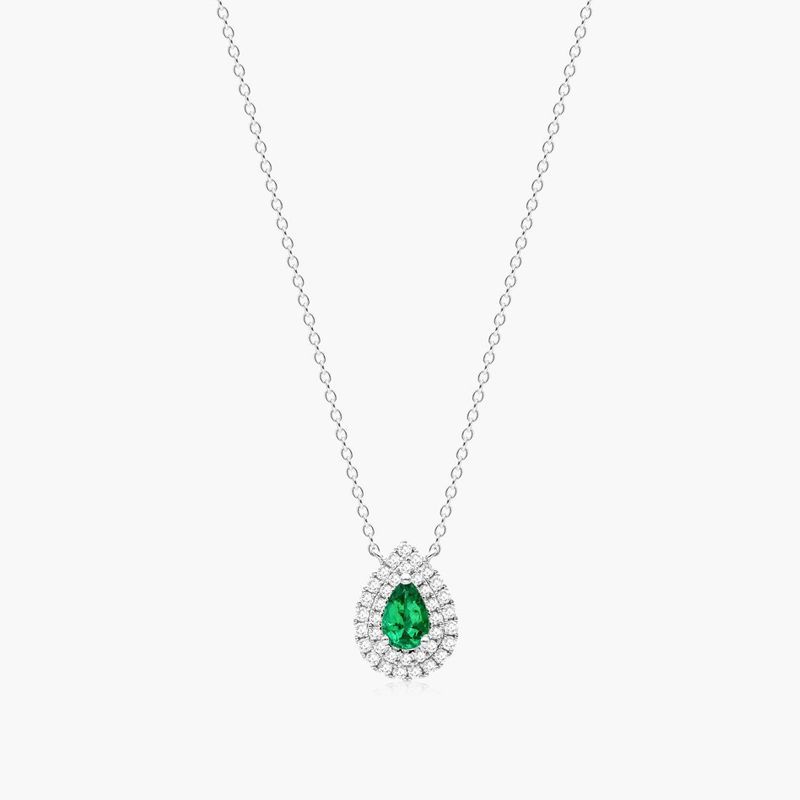 18K White Gold Pear Shape Emerald Double Diamond Halo Necklace