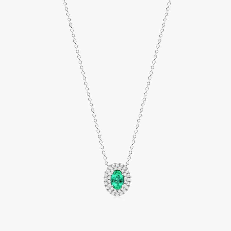 18K White Gold Oval Emerald Double Diamond Halo Necklace