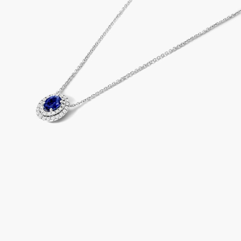 18K White Gold Oval Sapphire Double Diamond Halo Necklace