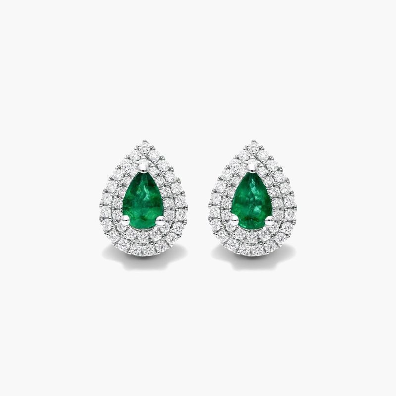18K White Gold Pear Shaped Emerald and Diamond Double Halo Earrings