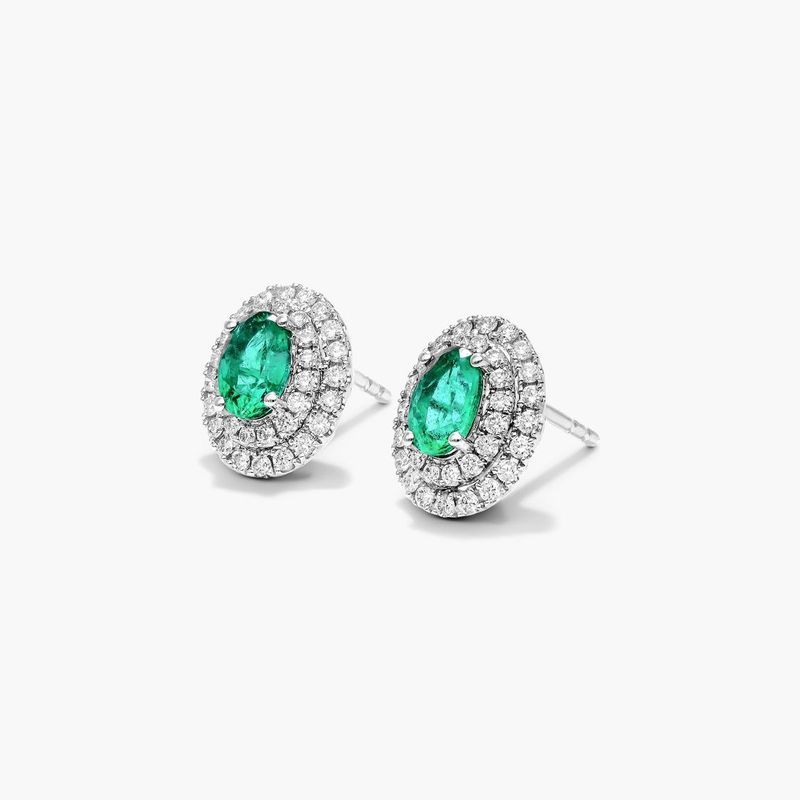 18K White Gold Oval Emerald and Diamond Double Halo Earrings
