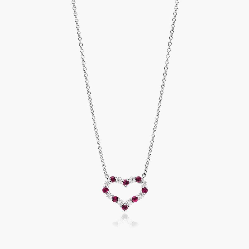 14K White Gold Heart Alternating Ruby and Diamond Necklace