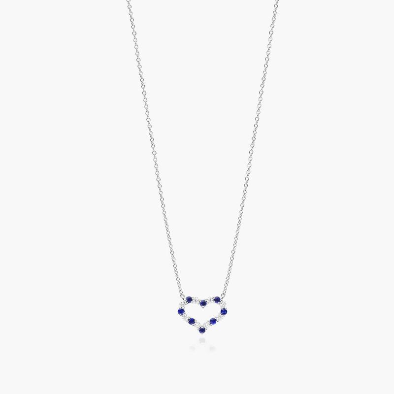 14K White Gold Heart Alternating Sapphire and Diamond Necklace