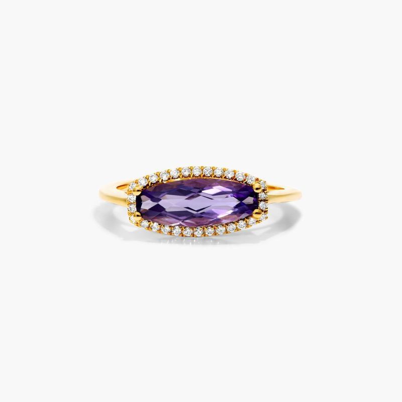 14K Yellow Gold Elongated Amethyst Halo Ring by Brevani