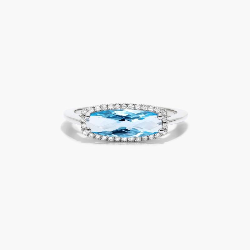 14K White Gold Elongated Blue Topaz Halo Ring by Brevani