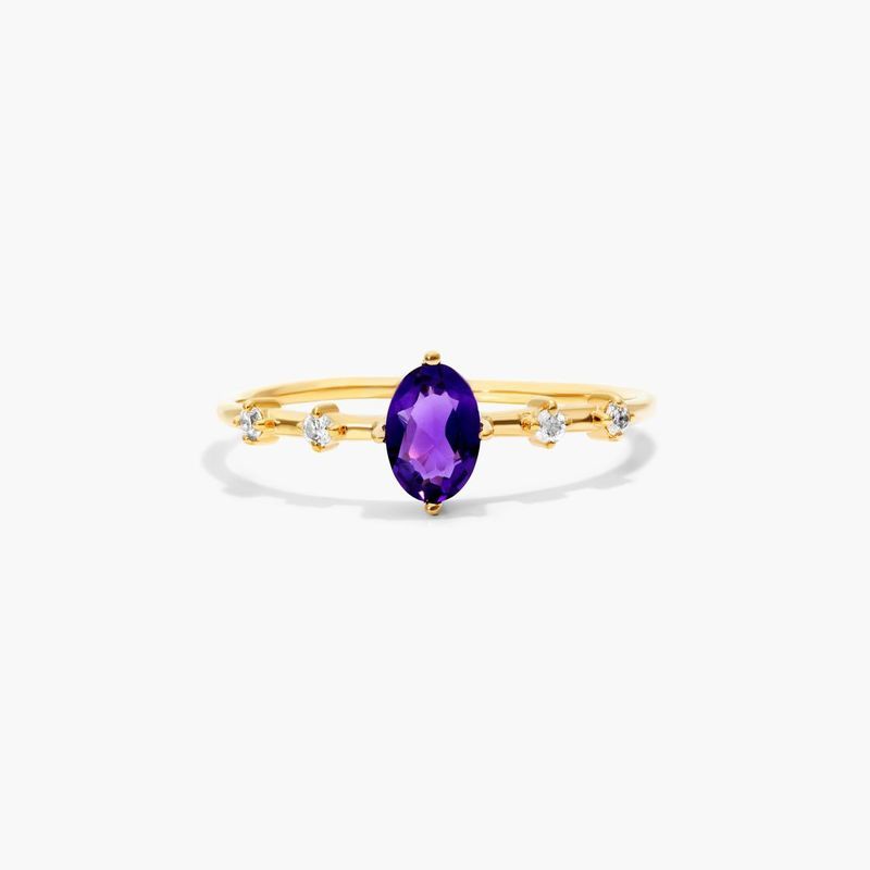 14K Yellow Gold Amethyst Oval and Diamond Birthstone Ring