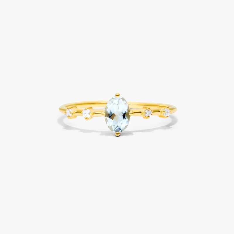 14K Yellow Gold Aquamarine Oval and Diamond Birthstone Ring