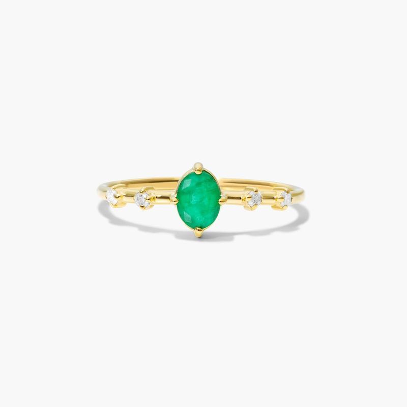 14K Yellow Gold Emerald Oval and Diamond Birthstone Ring