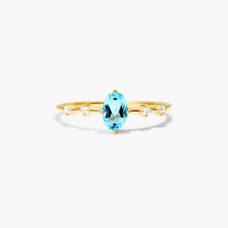 14K Yellow Gold Oval Blue Topaz and Diamond Birthstone Ring