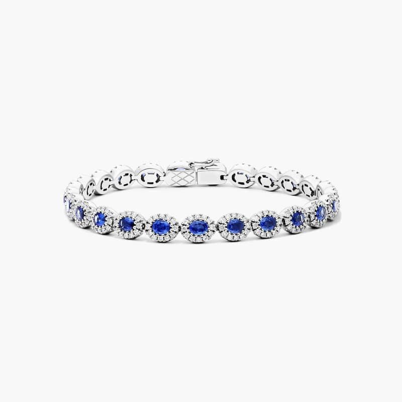 14K White Gold Oval Blue Sapphire and Diamond Halo Bracelet