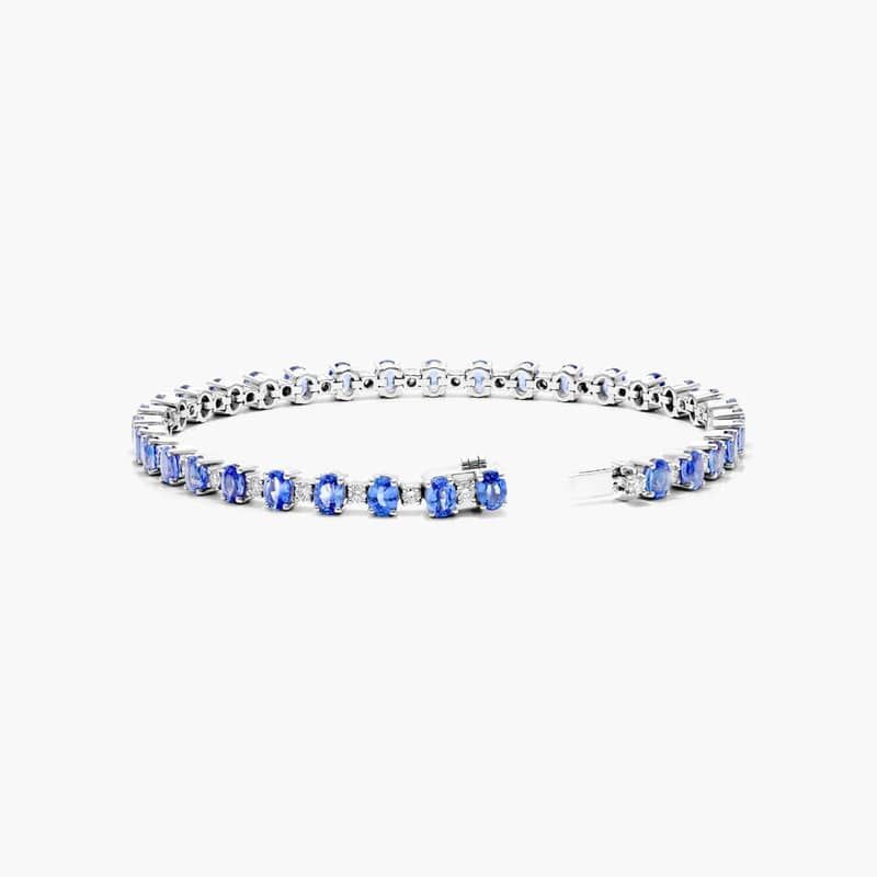 14K White Gold Oval Blue Sapphire and Diamond Tennis Bracelet
