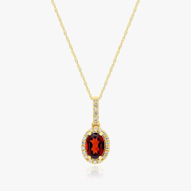 14K Yellow Gold Oval Halo Garnet and Diamond Necklace