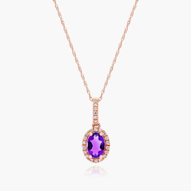 14K Rose Gold Oval Halo Amethyst and Diamond Necklace