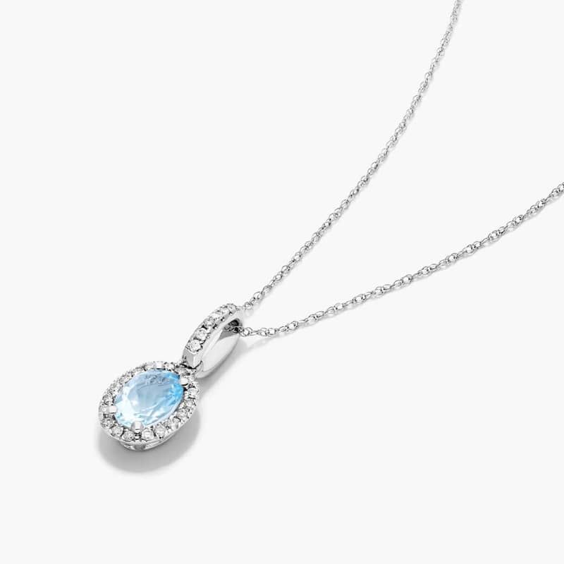 14K White Gold Oval Halo Aquamarine and Diamond Necklace