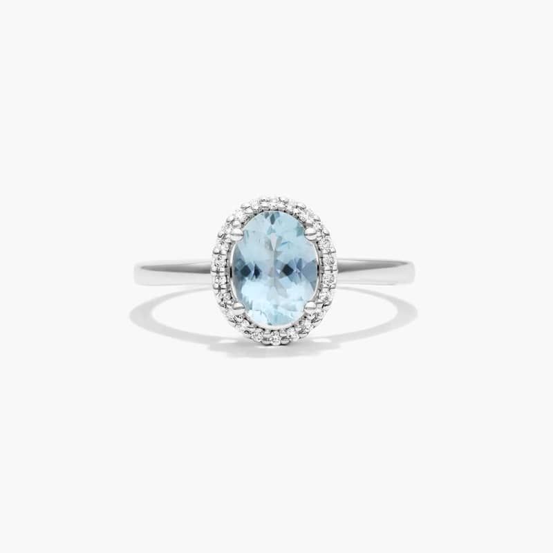 14K White Gold Oval Halo Aquamarine and Diamond Ring