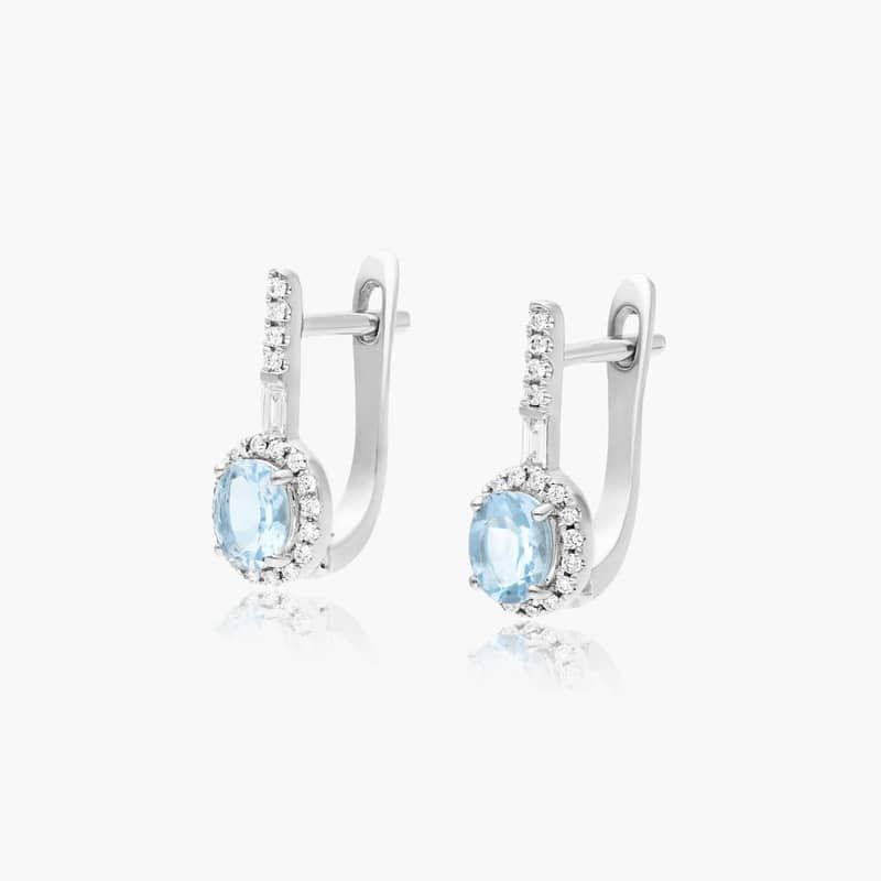 14K White Gold Halo Aquamarine and Diamond Petite Drop Earrings