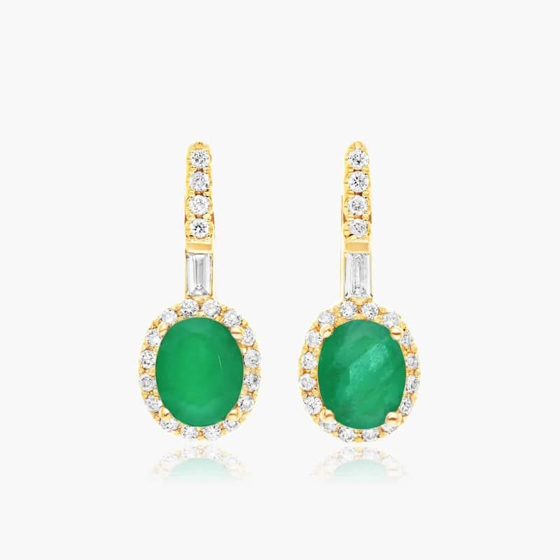14K Yellow Gold Halo Emerald and Diamond Petite Drop Earrings