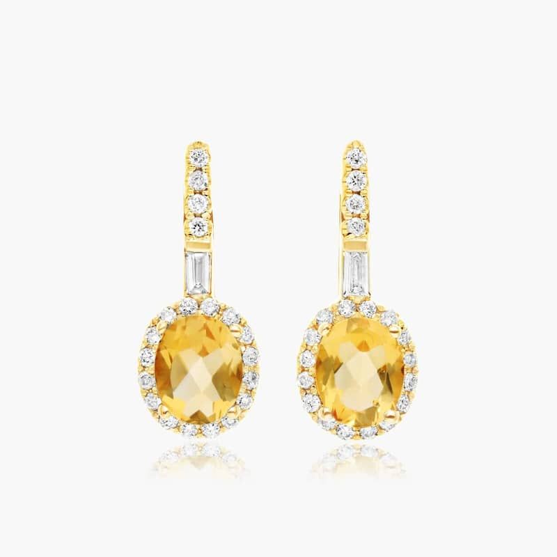 14K Yellow Gold Halo Citrine and Diamond Petite Drop Earrings