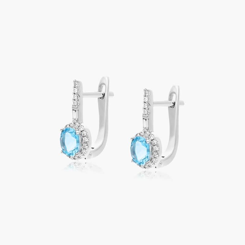 14K White Gold Halo Blue Topaz and Diamond Petite Drop Earrings