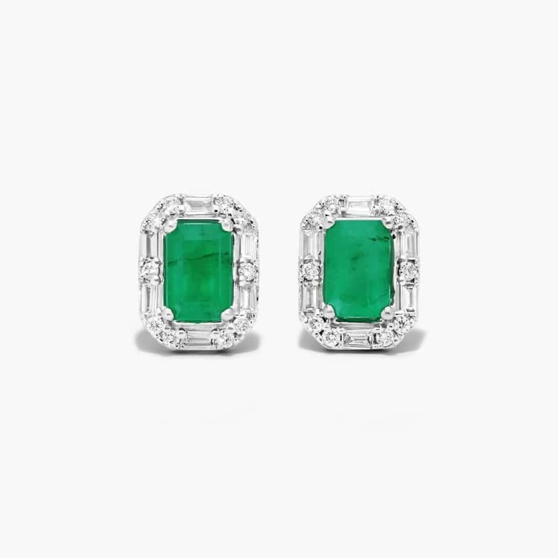 14K White Gold Allure Diamond Halo Emerald Earrings