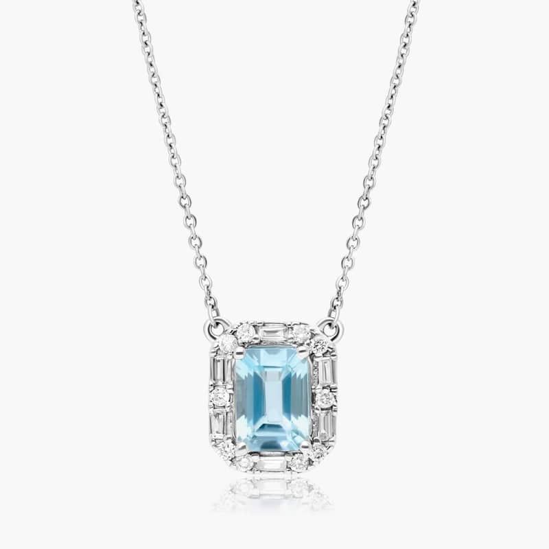 14K White Gold Allure Diamond Halo Aquamarine Necklace