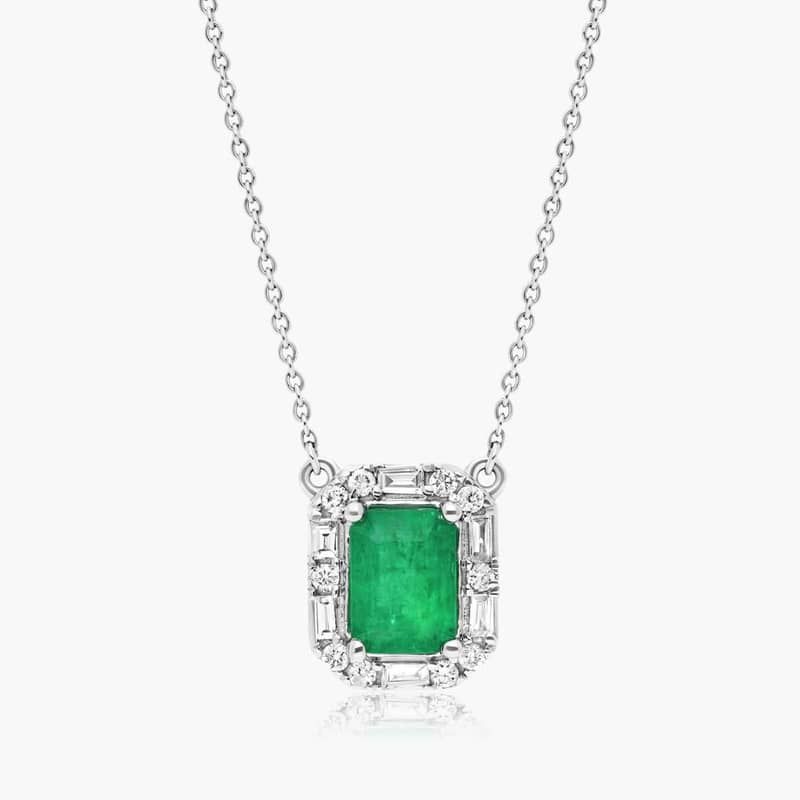 14K White Gold Allure Diamond Halo Emerald Necklace