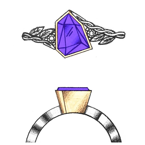 Our sketch for a uniquely faceted free-form tanzanite center stone, contrasting its geometry with organic, natural branch and vine details.