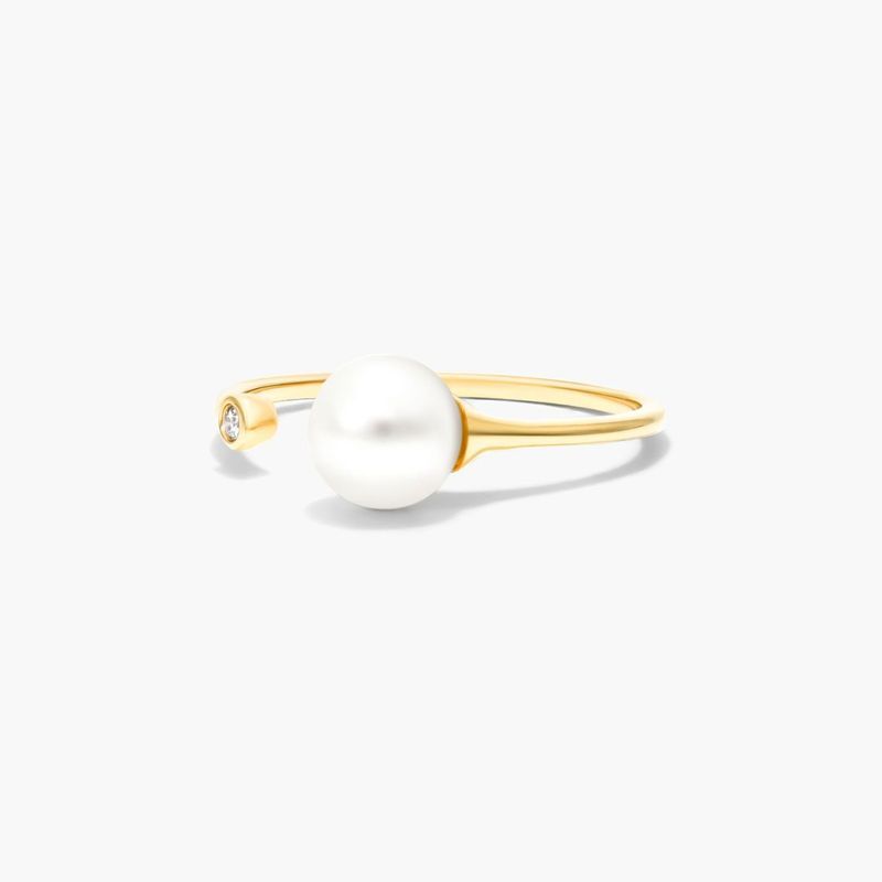 14K Yellow Gold Petite Open Freshwater Cultured Pearl and Diamond Ring (6.5-7.0mm)