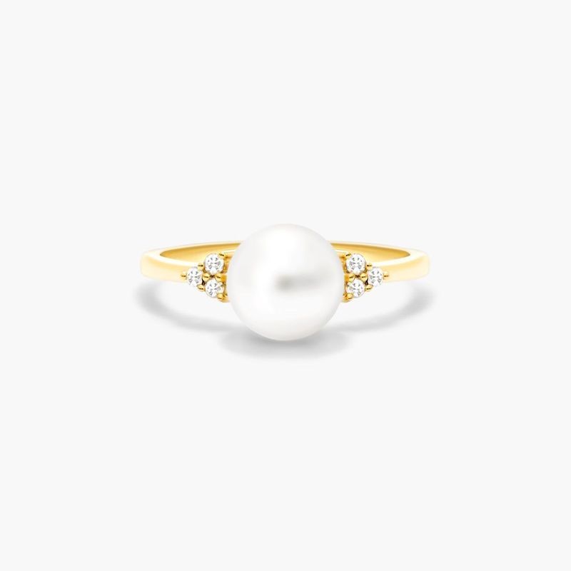 14K Yellow Gold Freshwater Pearl and Diamond Trio Ring (7.5-8.0mm)