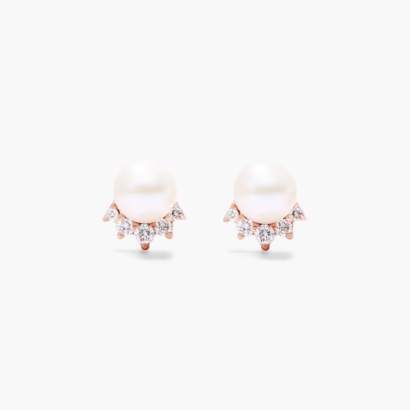 14K Rose Gold Crown Freshwater Pearl and Diamond Earrings