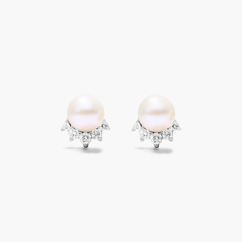 14K White Gold Crown Freshwater Pearl and Diamond Earrings