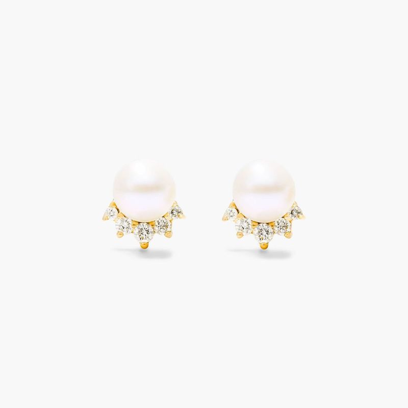 14K Yellow Gold Crown Freshwater Pearl and Diamond Earrings